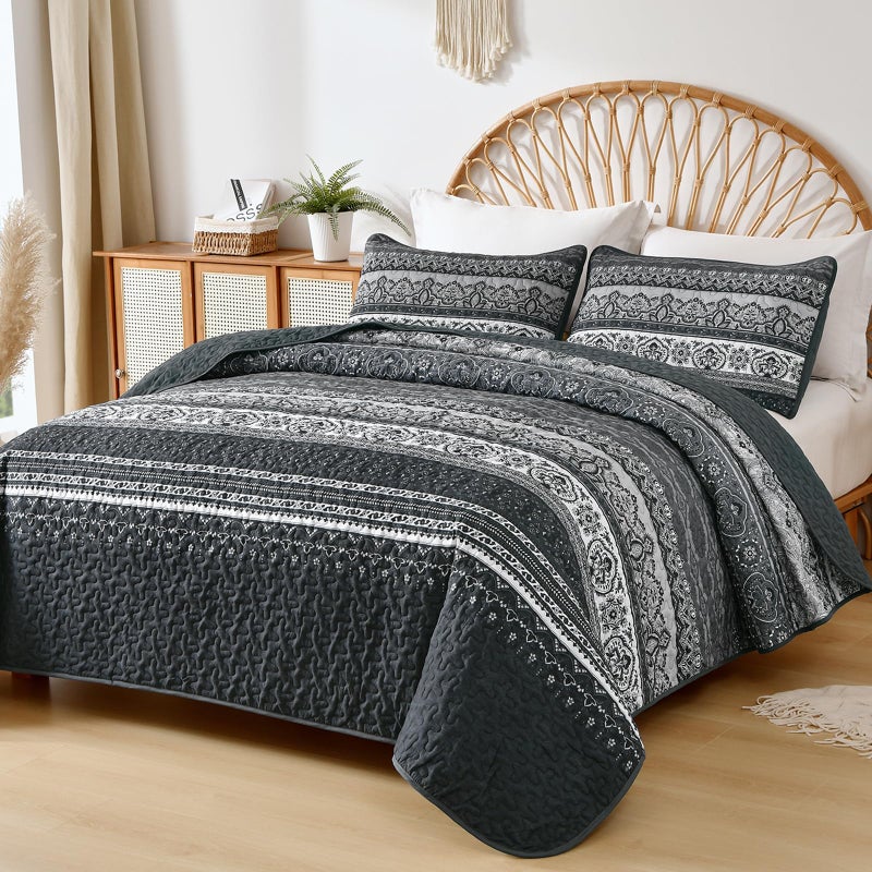 WONGS BEDDING Boho King Quilt Set  Black Bohemian Quilt Bedding Set  Lightweight Bed Decor Bedspread for All Season Reversible Microfiber Coverlet Bedding Set 110""x90""(3 Pieces) - Image 2